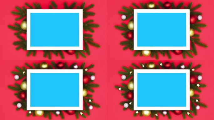 带有装饰品的圣诞树枝出现在带有蓝屏的框架周围。停止运动