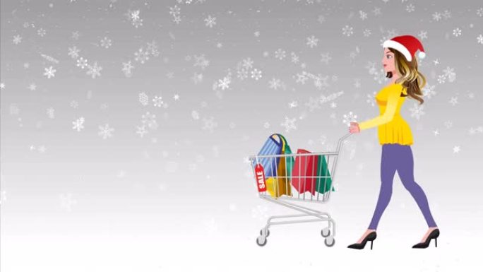圣诞女孩步行自行车与礼品袋在雪花背景。可循环行走动画