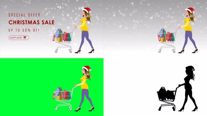 圣诞女孩步行自行车与礼品袋在雪花背景。可循环行走动画