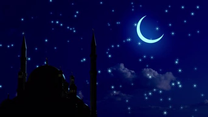 在清真寺和月亮的背景下升起八角星。斋月卡里姆伊斯兰圣月。