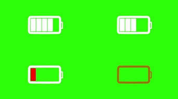 电池没电了。4k动画。白色抽象图标。绿色背景。