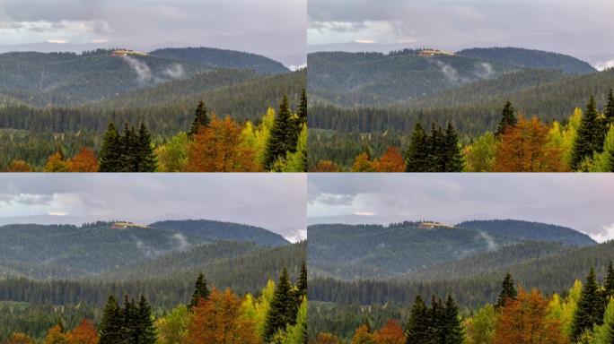 4k分辨率塞尔维亚Zlatar山森林中云雾的时间流逝。