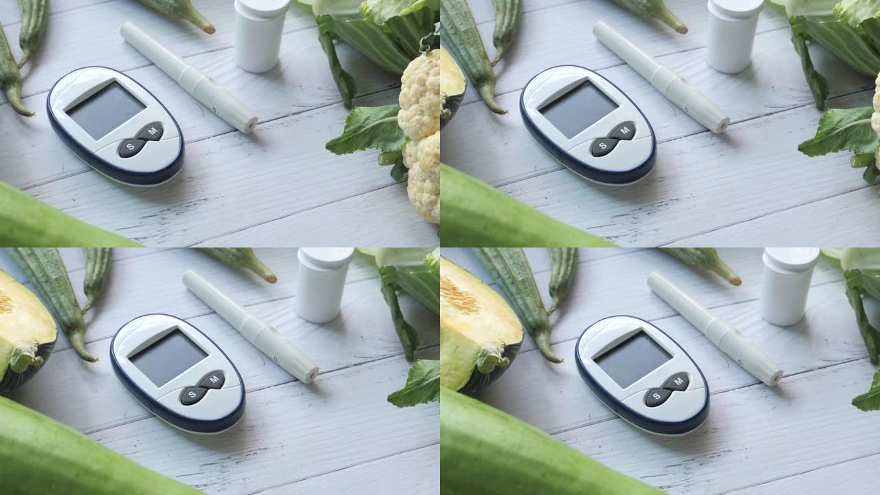 糖尿病测量工具和餐桌上的新鲜蔬菜