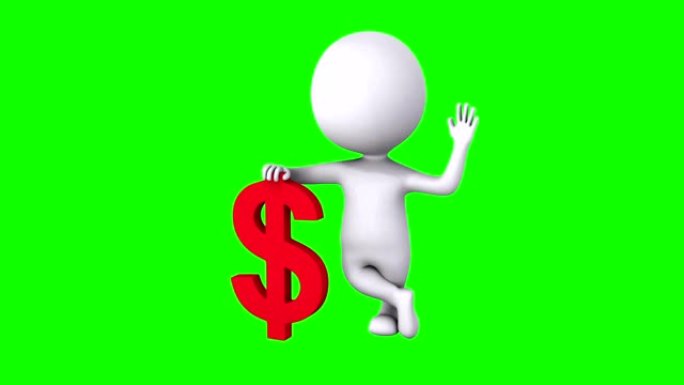 3d白人站在红色美元符号。挥手问好。金钱概念。