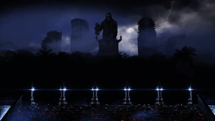 雾中的启示录城市。被摧毁城市的鸟瞰图。启示录概念。逼真的4k动画。