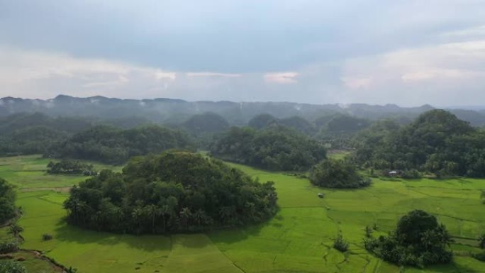 亚洲稻田和森林丘陵的鸟瞰图