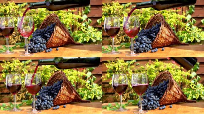 将葡萄酒倒入圆锥形篮子中紫色葡萄背景的玻璃中