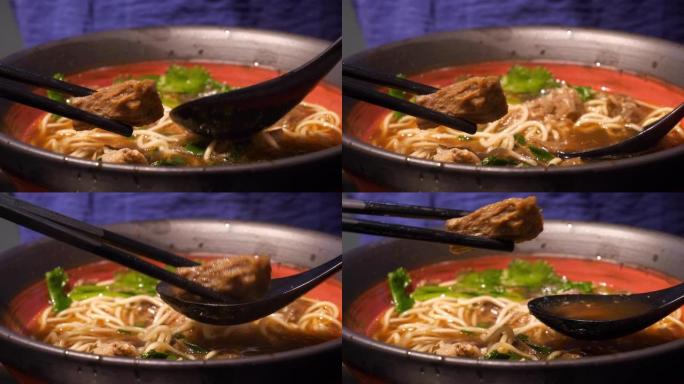 中国著名的街头餐汤用筷子关闭慢动作全景4k中国