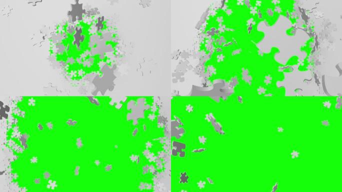 3d益智游戏白色碎片飞离中心，孤立在绿屏色度键