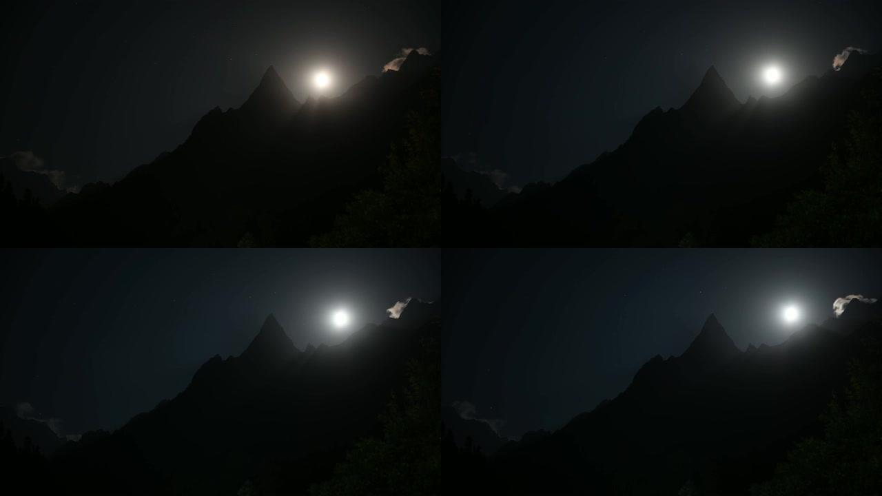 山里的风景。月亮在夜空中的延时视频。