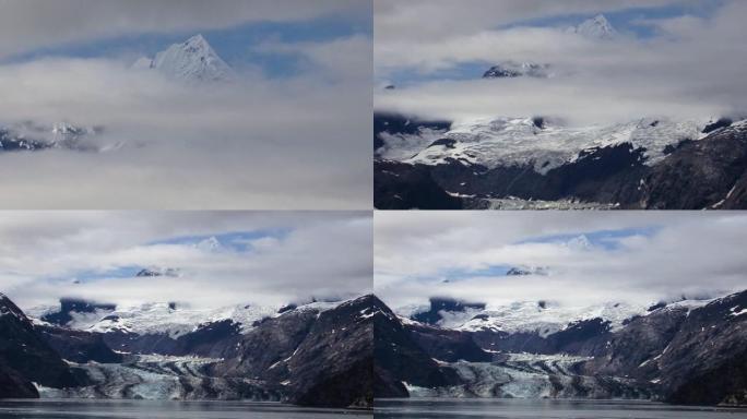 阿拉斯加冰川湾景观，约翰霍普金斯冰川和费尔韦瑟山山脉雪山。