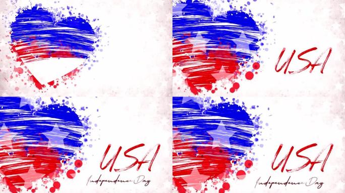 动画。白色背景上的蓝色-红色心形，红色字母铭文美国独立日。美国国家假日横幅、贺卡、邀请函、海报、传单