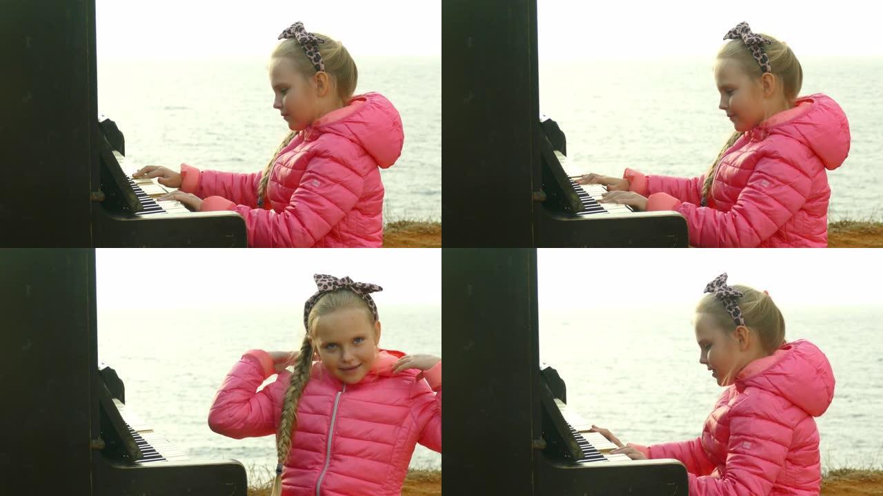 小女孩在海岸上弹奏旧钢琴