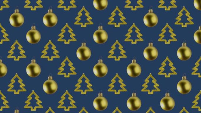 蓝色交替的金球和树木的圣诞节背景。停止运动动画