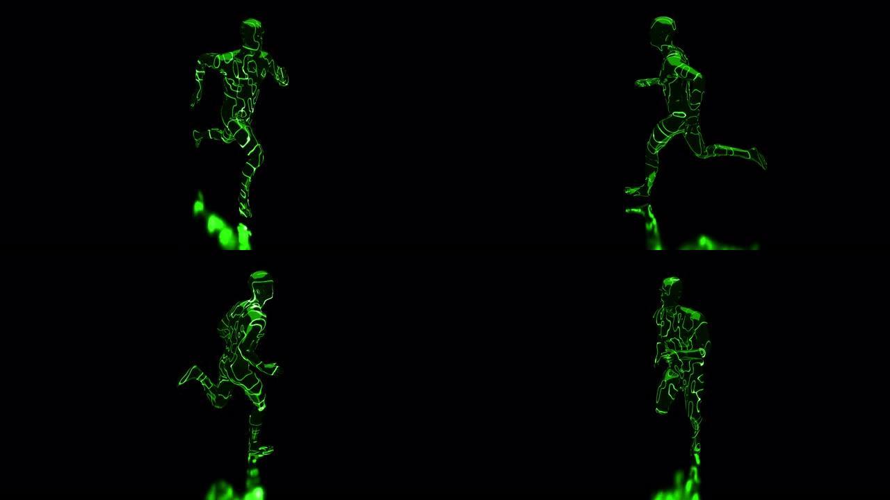 黑色背景上的3D循环抽象数字跑步绿人