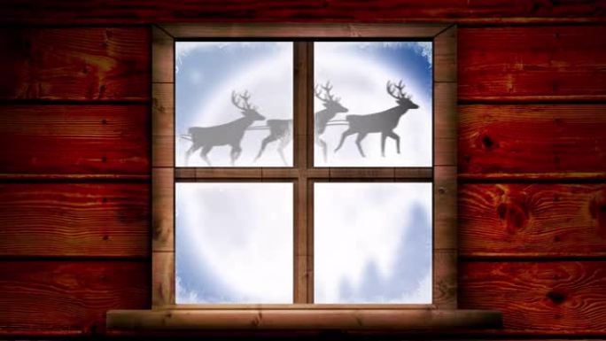 雪橇中圣诞老人剪影的木制窗框数字动画