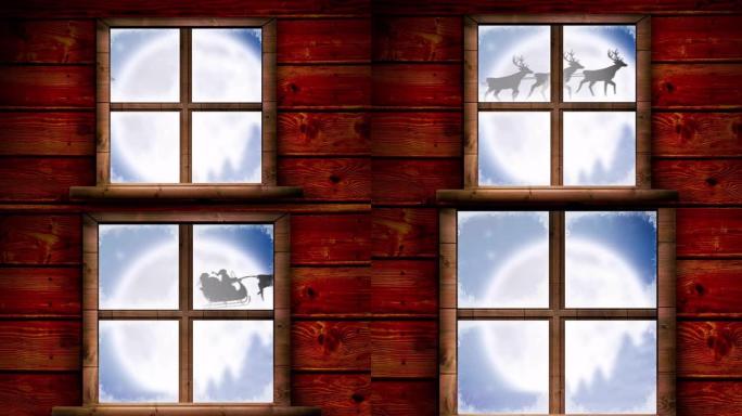 雪橇中圣诞老人剪影的木制窗框数字动画