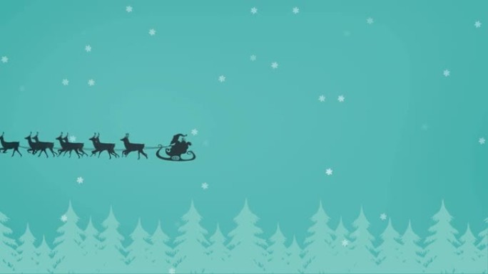 圣诞老人在雪橇上的黑色剪影动画被驯鹿和雪落下