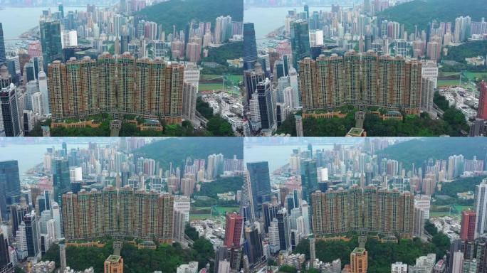 香港4k市区空中全景日间城市景观著名生活综合体