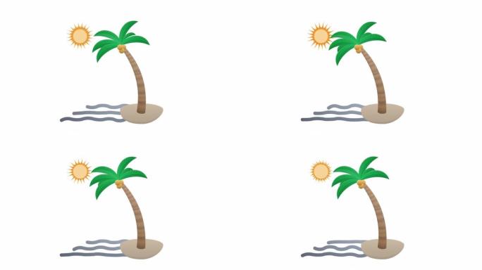 海滩上的棕榈树。海滩动画。卡通