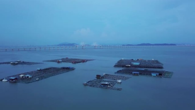 黄昏时分鸟瞰鱼场。背景是槟城二桥。