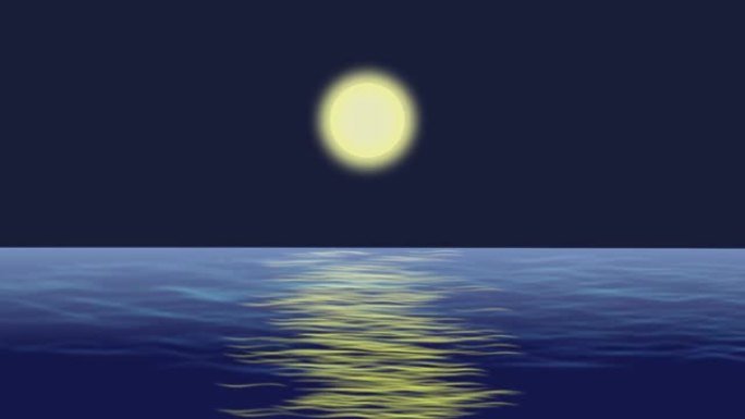 月亮在夜空中发光，在黑暗，涟漪的大海中反射。动画。动画背景。
