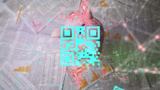 粉红色存钱罐上的蓝色二维码网络连接动画