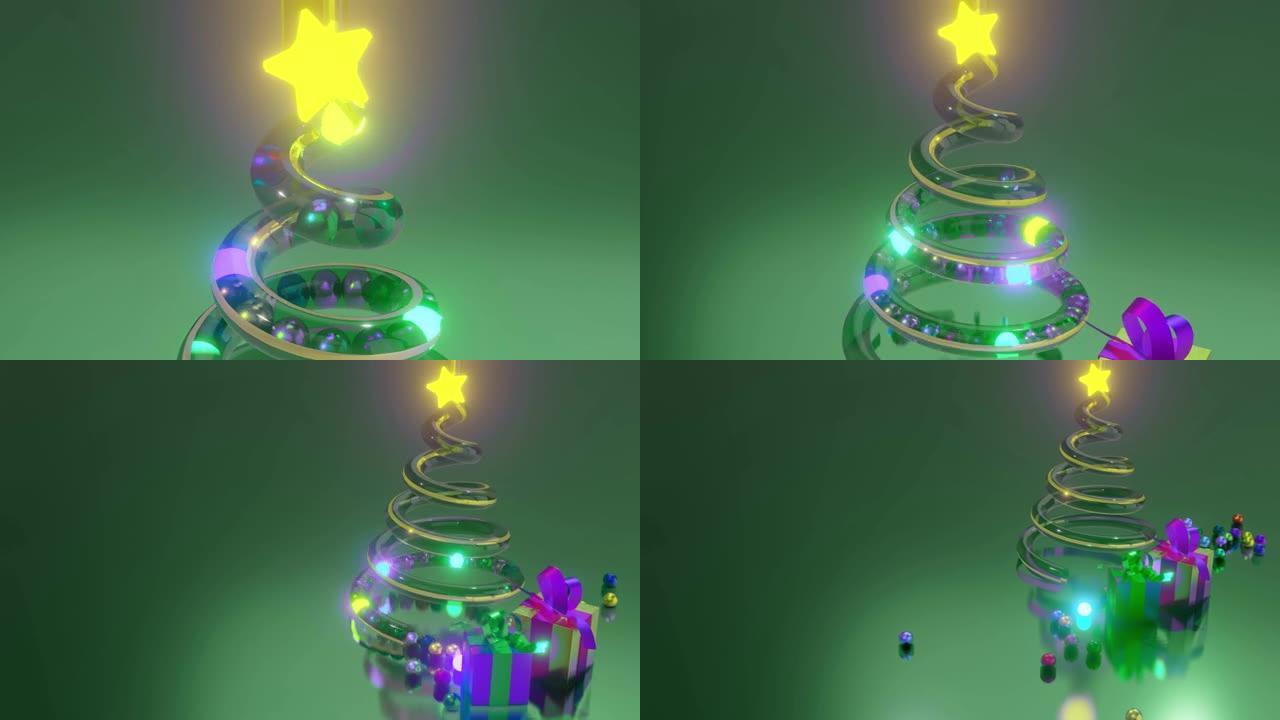 圣诞树、星星和灯光球