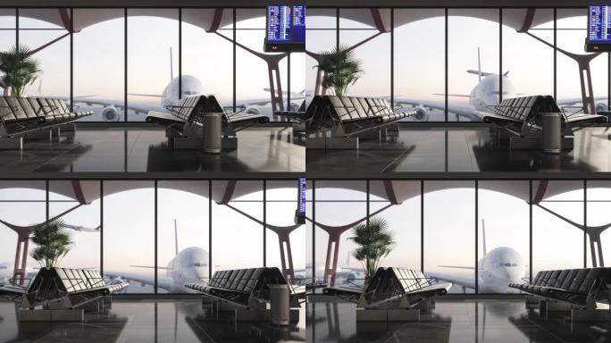 机场航站楼的候机室。飞机在机场航站楼窗外起飞。