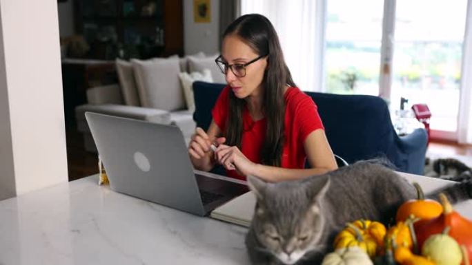女人在大流行的日子里在家工作，带着她的猫