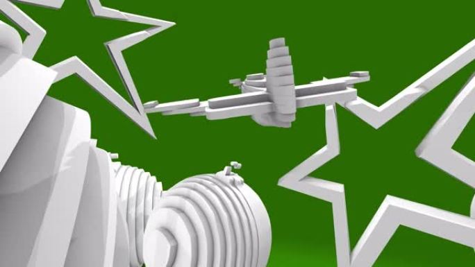 3D动画，绿色背景上圣诞节装饰的飞机