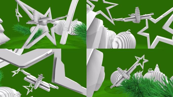 3D动画，绿色背景上圣诞节装饰的飞机