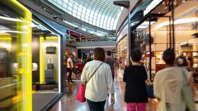 白天时间新加坡市中心著名的滨海湾购物中心拥挤大厅步行延时全景4k