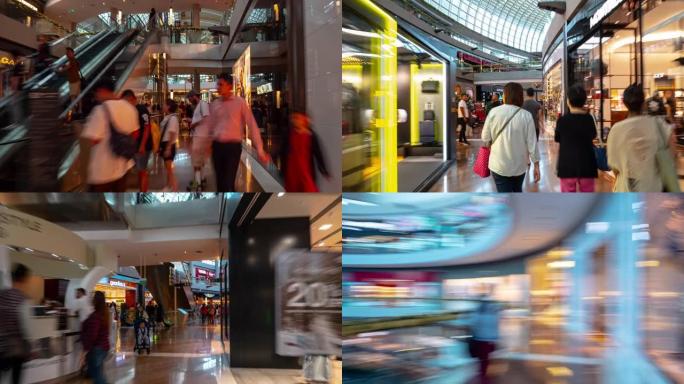 白天时间新加坡市中心著名的滨海湾购物中心拥挤大厅步行延时全景4k