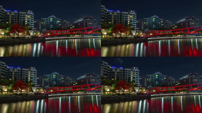 夜间照明新加坡市中心生活区河滨桥湾延时全景4k