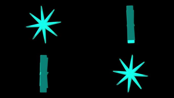 黑色背景上的旋转蓝星3d。动画。