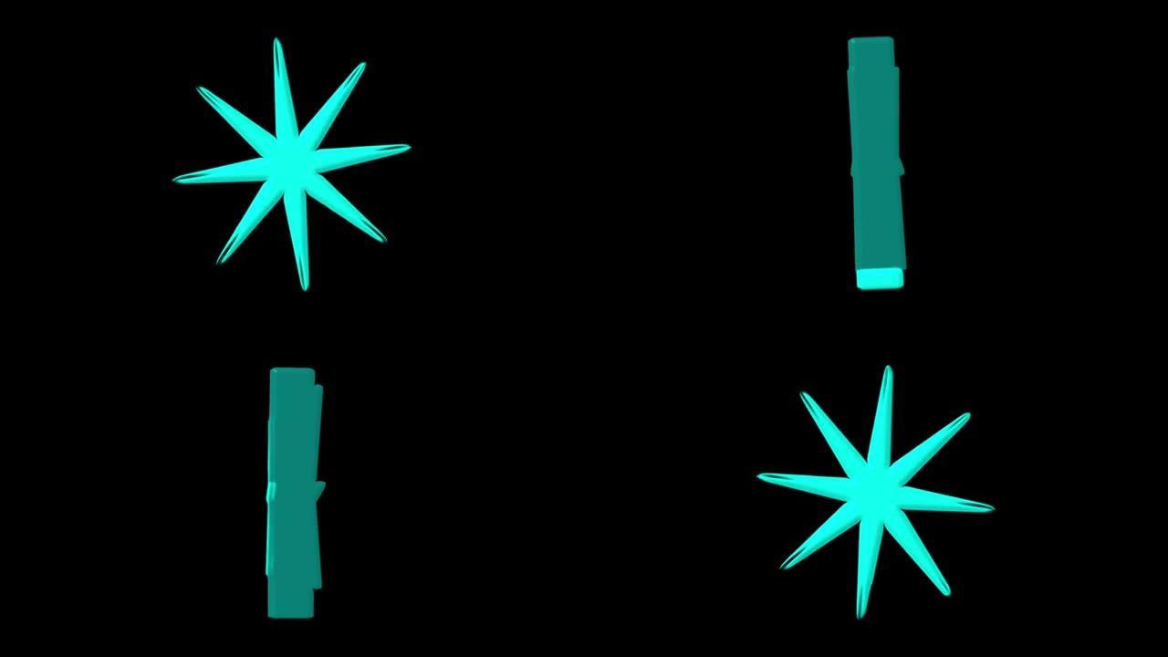 黑色背景上的旋转蓝星3d。动画。