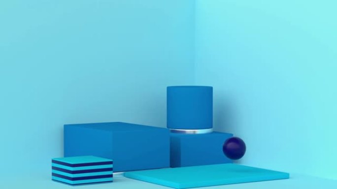 蓝色墙角抽象几何形状集讲台舞台3d渲染运动
