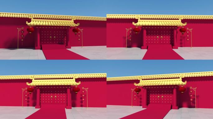 中国宫殿的墙壁，红色的墙壁和金色的瓷砖，3d渲染。翻译:“祝福”。