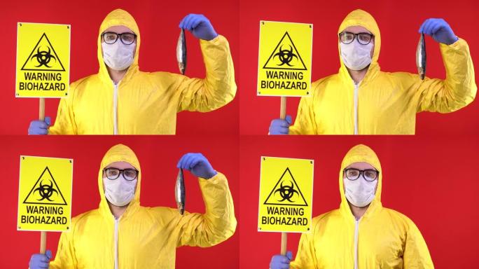 穿着黄色防护服和带有生物危害海报的防护面具的化学家男子展示了死鱼，并消极地摇了摇头。生物危害问题概念