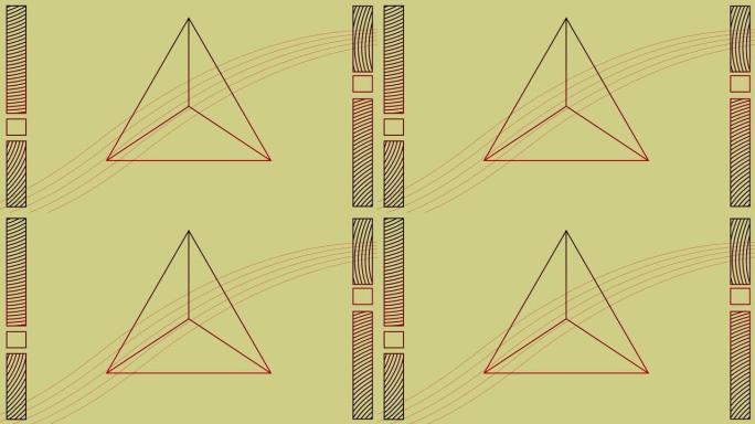 多线条和抽象形状在三角形形状设计上移动的数字动画