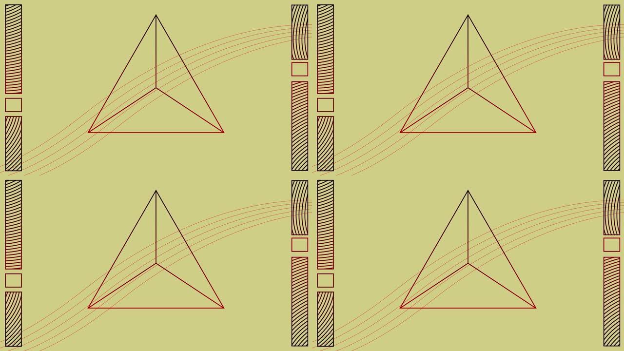 多线条和抽象形状在三角形形状设计上移动的数字动画