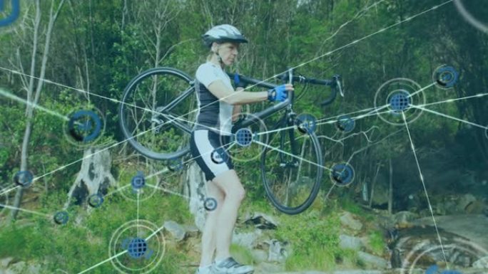 骑自行车的女骑车人的图标和连接网络