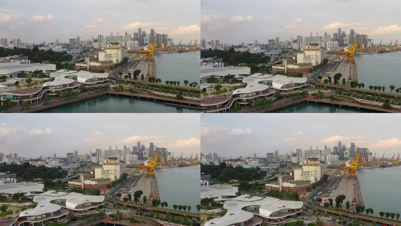 日落天空新加坡城市著名的圣淘沙岛购物中心市中心交通湾景观空中全景4k