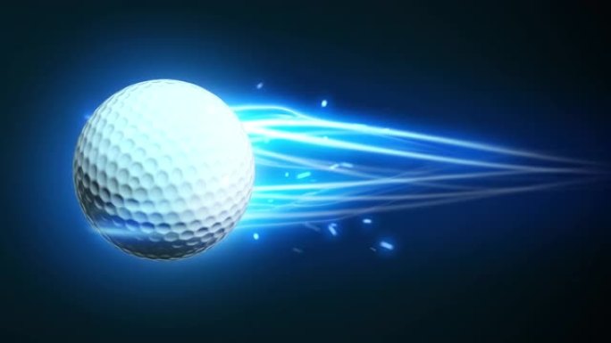 高尔夫球在慢动作中飞行在蓝色火焰中的魔法效果能量