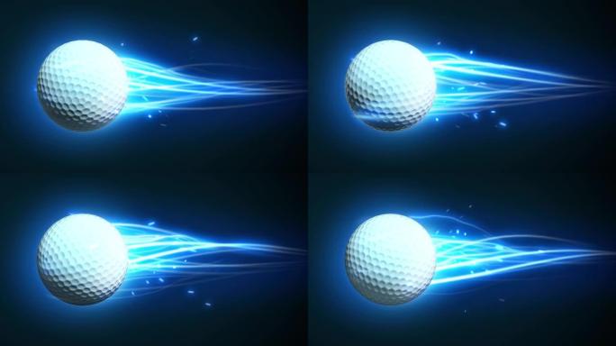 高尔夫球在慢动作中飞行在蓝色火焰中的魔法效果能量