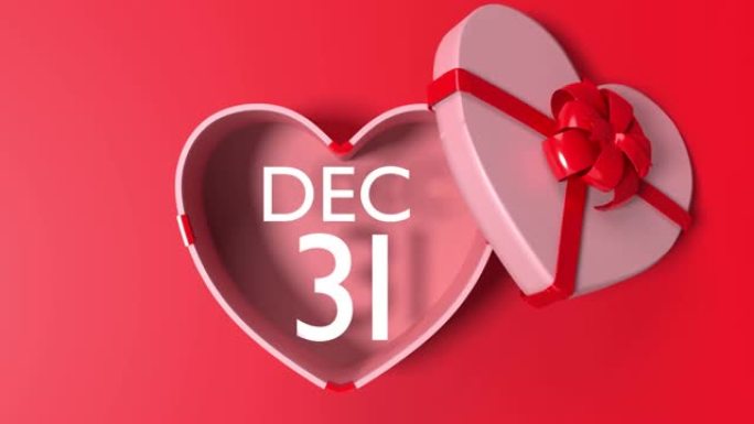 循环就绪12月31日是从4k分辨率的红色循环就绪文件上绑有红丝带的心形白色礼品盒中出来的
