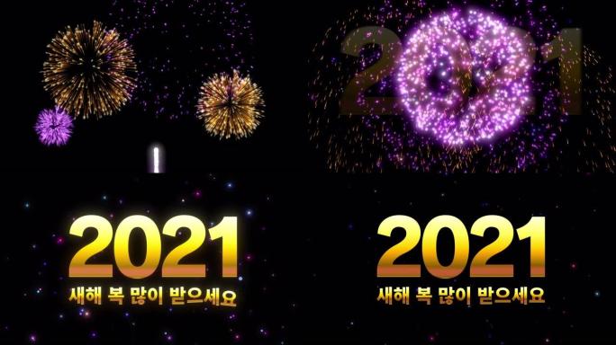 这是韩语的 “2021新年快乐”。背景是烟花。动画庆祝新年。