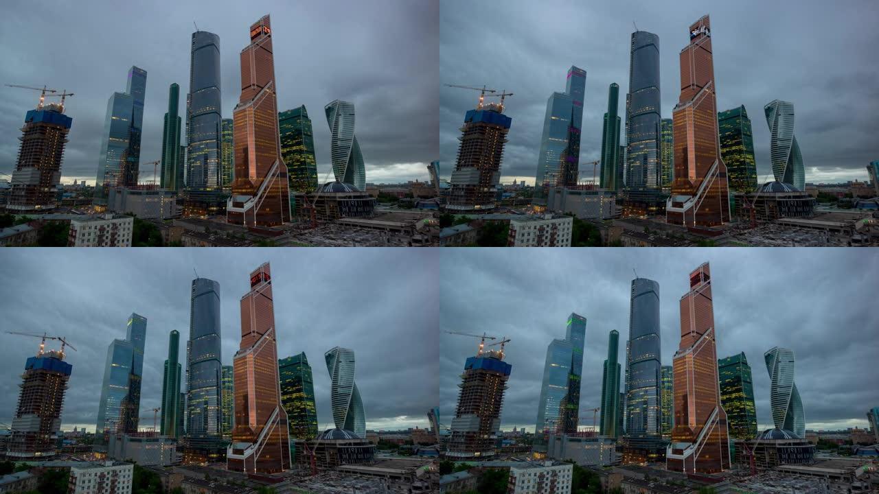 俄罗斯风暴天空现代莫斯科市工业屋顶全景4k延时