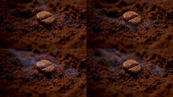 咖啡豆在咖啡粉堆上的专业微距拍摄
